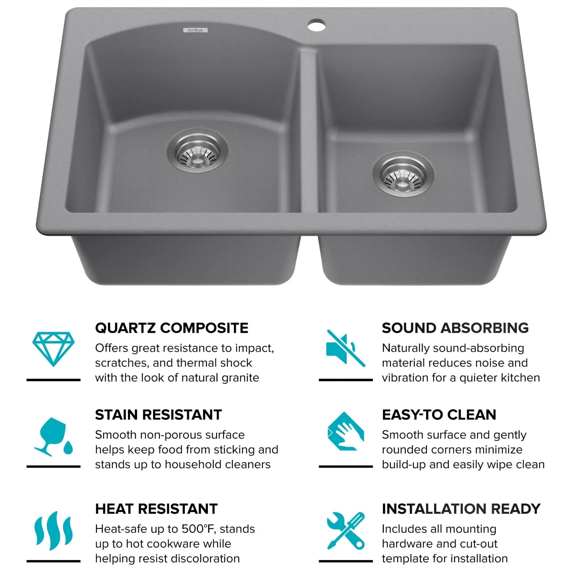 33” Drop In / Undermount 60/40 Double Bowl Granite Kitchen Sink in Grey