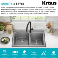 33” Drop In / Undermount 60/40 Double Bowl Granite Kitchen Sink in Grey