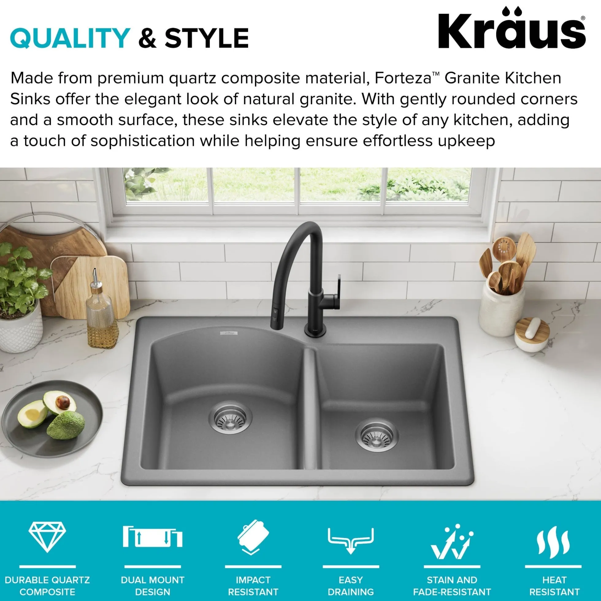 33” Drop In / Undermount 60/40 Double Bowl Granite Kitchen Sink in Grey