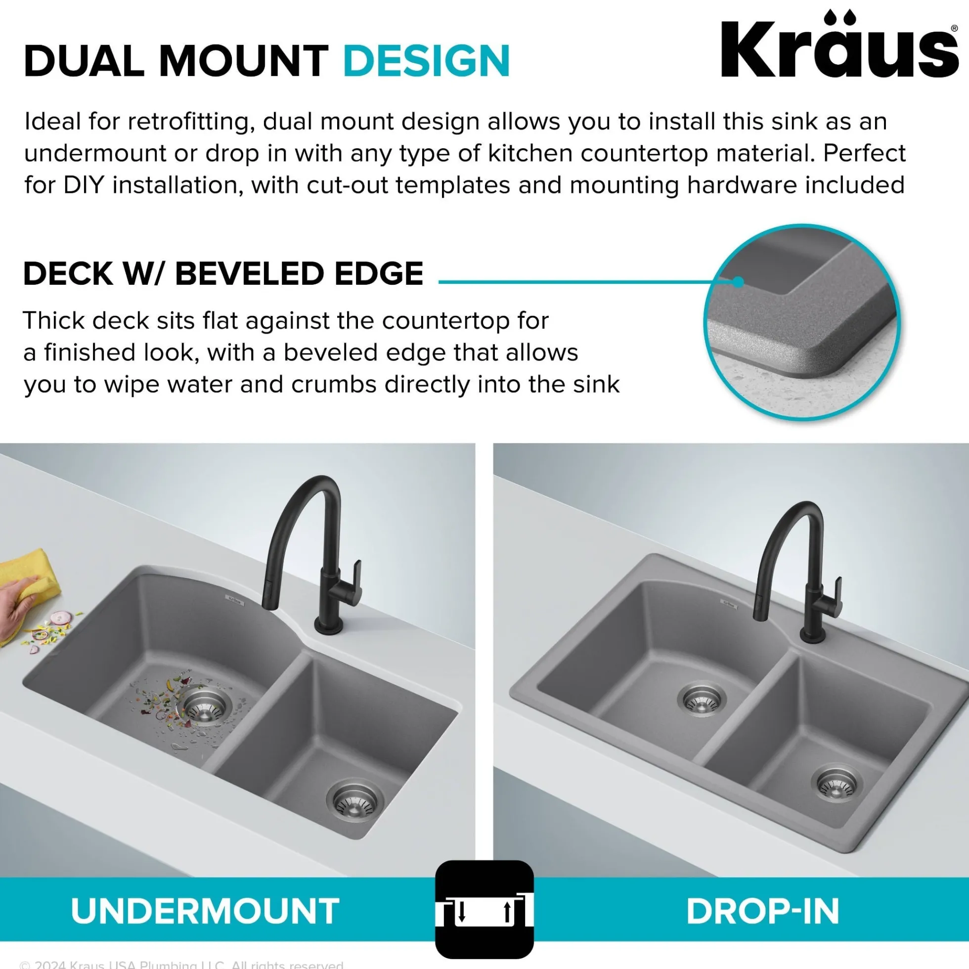 33” Drop In / Undermount 60/40 Double Bowl Granite Kitchen Sink in Grey