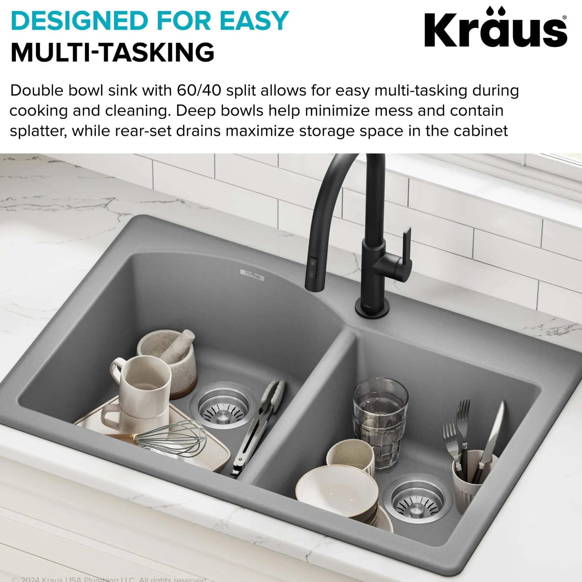33” Drop In / Undermount 60/40 Double Bowl Granite Kitchen Sink in Grey