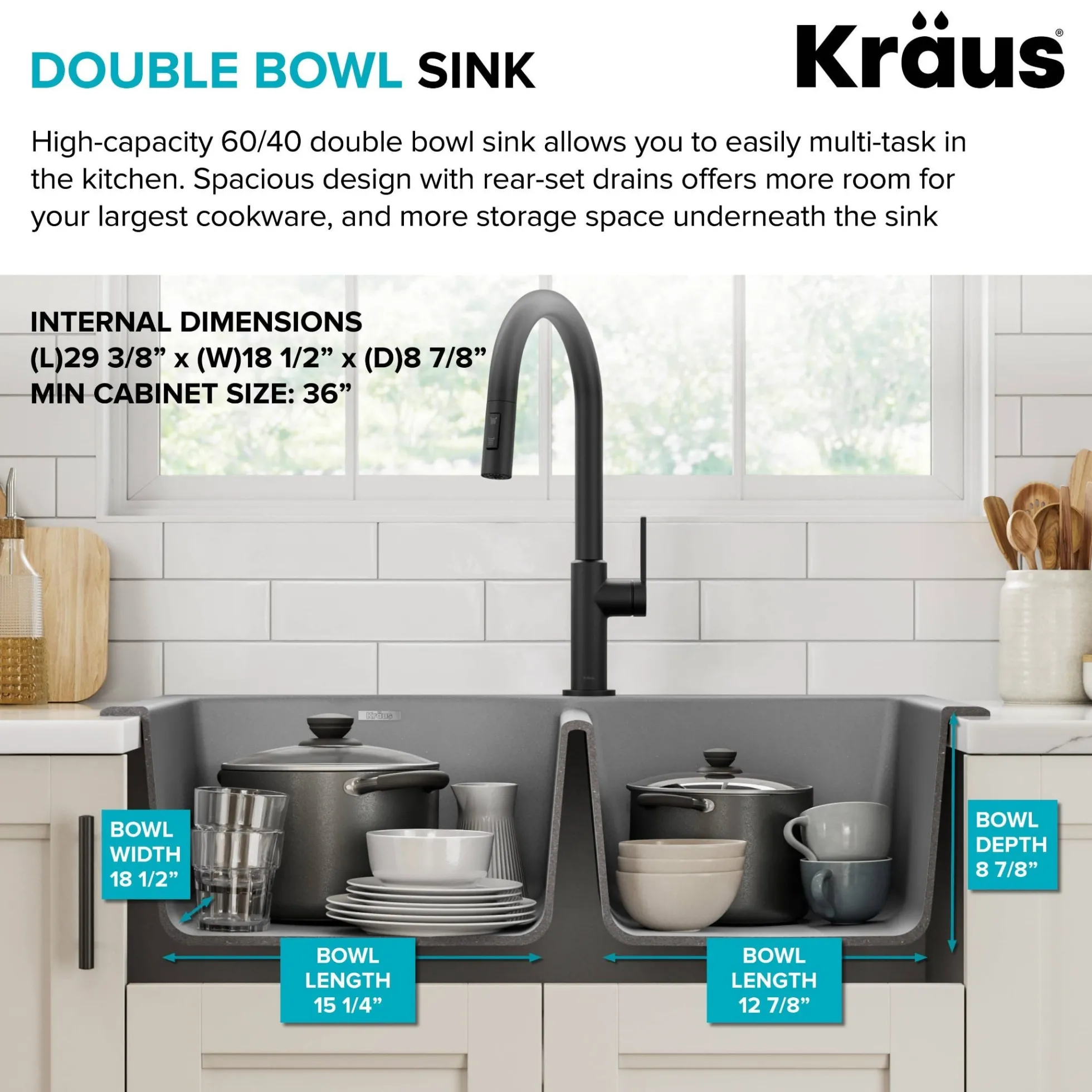 33” Drop In / Undermount 60/40 Double Bowl Granite Kitchen Sink in Grey