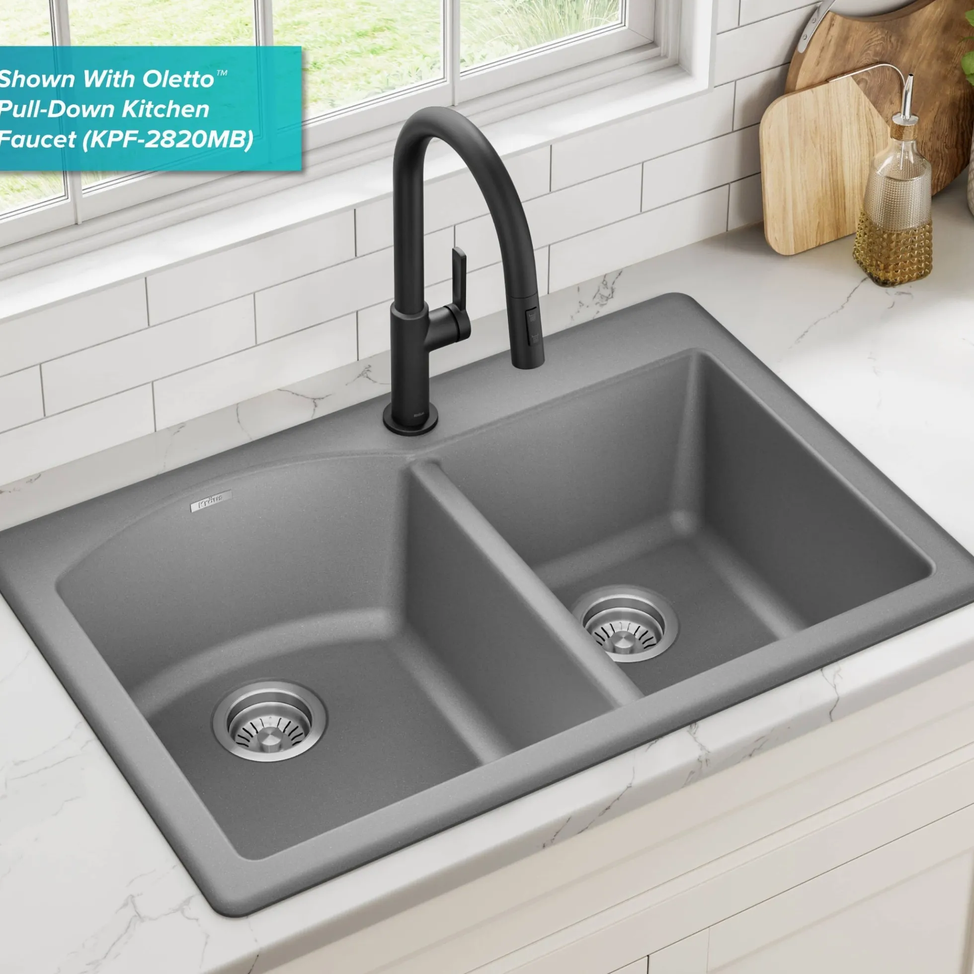 33” Drop In / Undermount 60/40 Double Bowl Granite Kitchen Sink in Grey