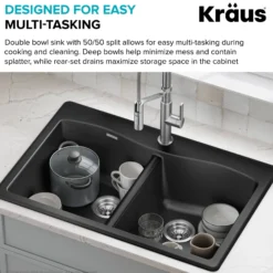 33” Drop In / Undermount 50/50 Double Bowl Granite Kitchen Sink in Black