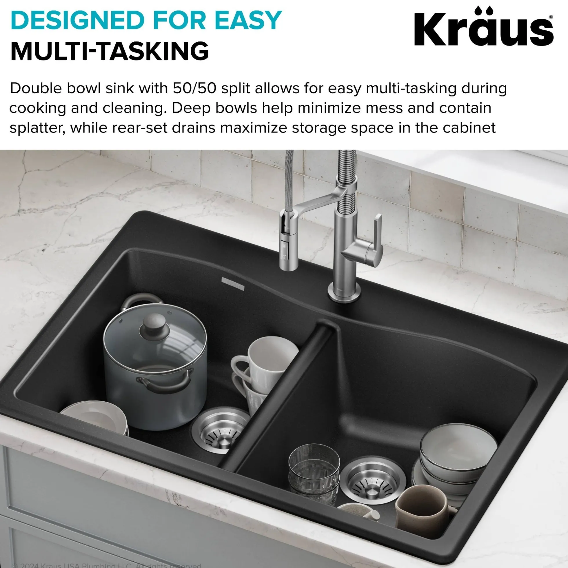 33” Drop In / Undermount 50/50 Double Bowl Granite Kitchen Sink in Black