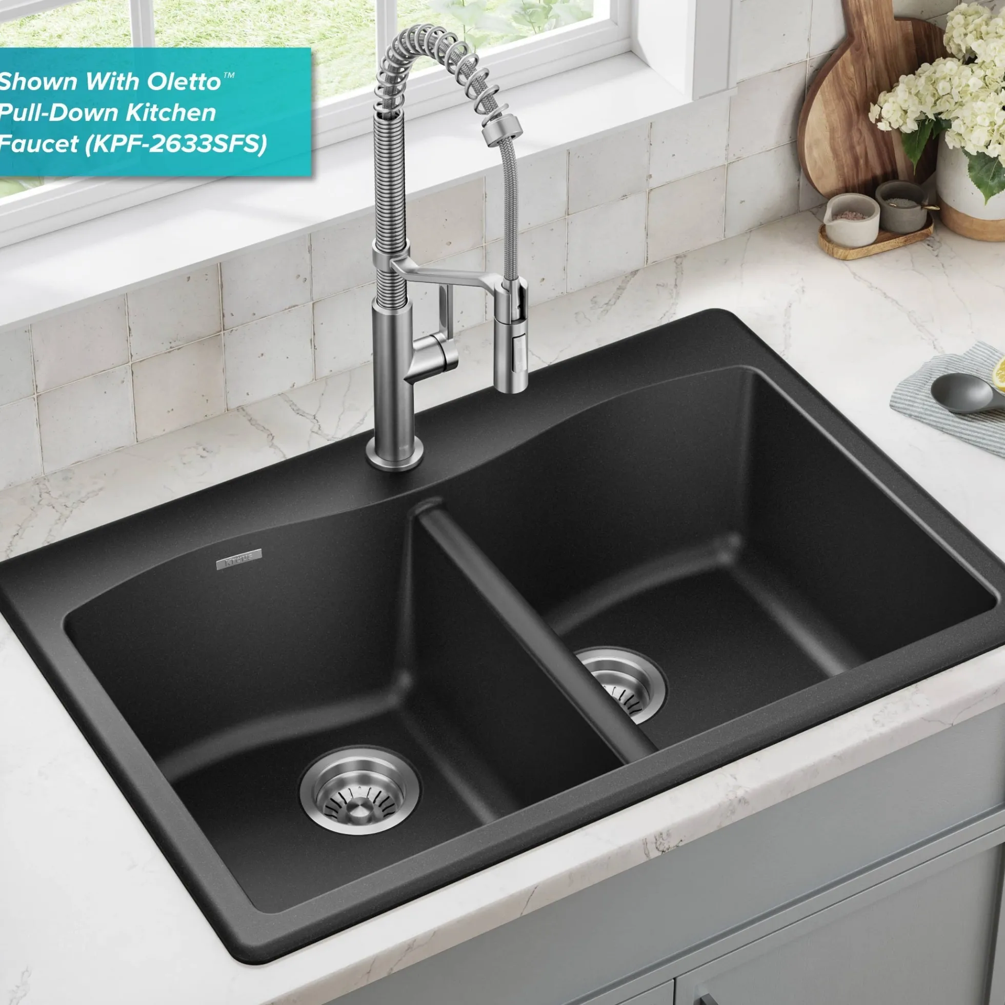 33” Drop In / Undermount 50/50 Double Bowl Granite Kitchen Sink in Black