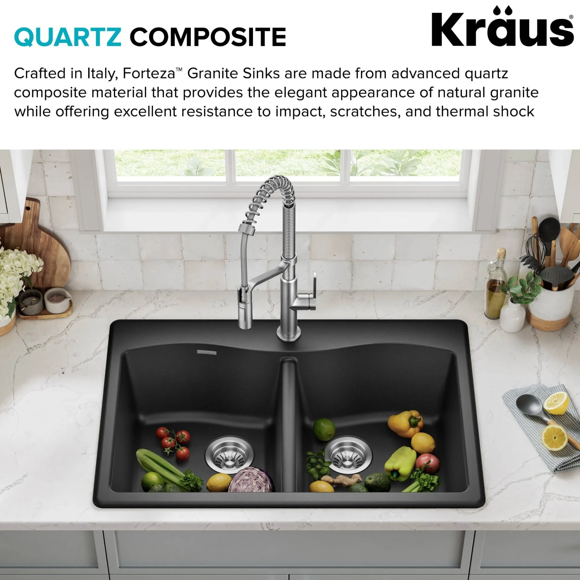 33” Drop In / Undermount 50/50 Double Bowl Granite Kitchen Sink in Black