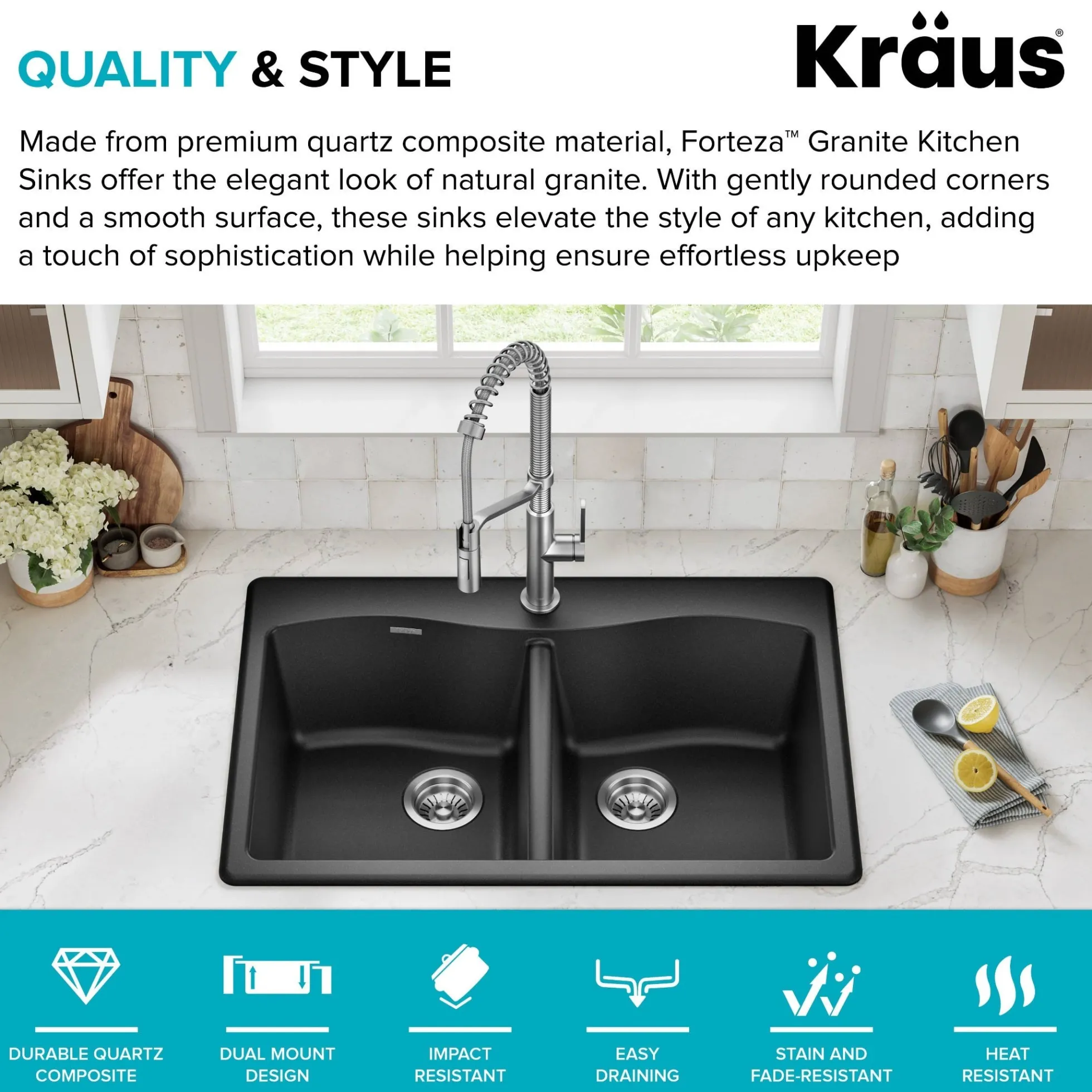 33” Drop In / Undermount 50/50 Double Bowl Granite Kitchen Sink in Black