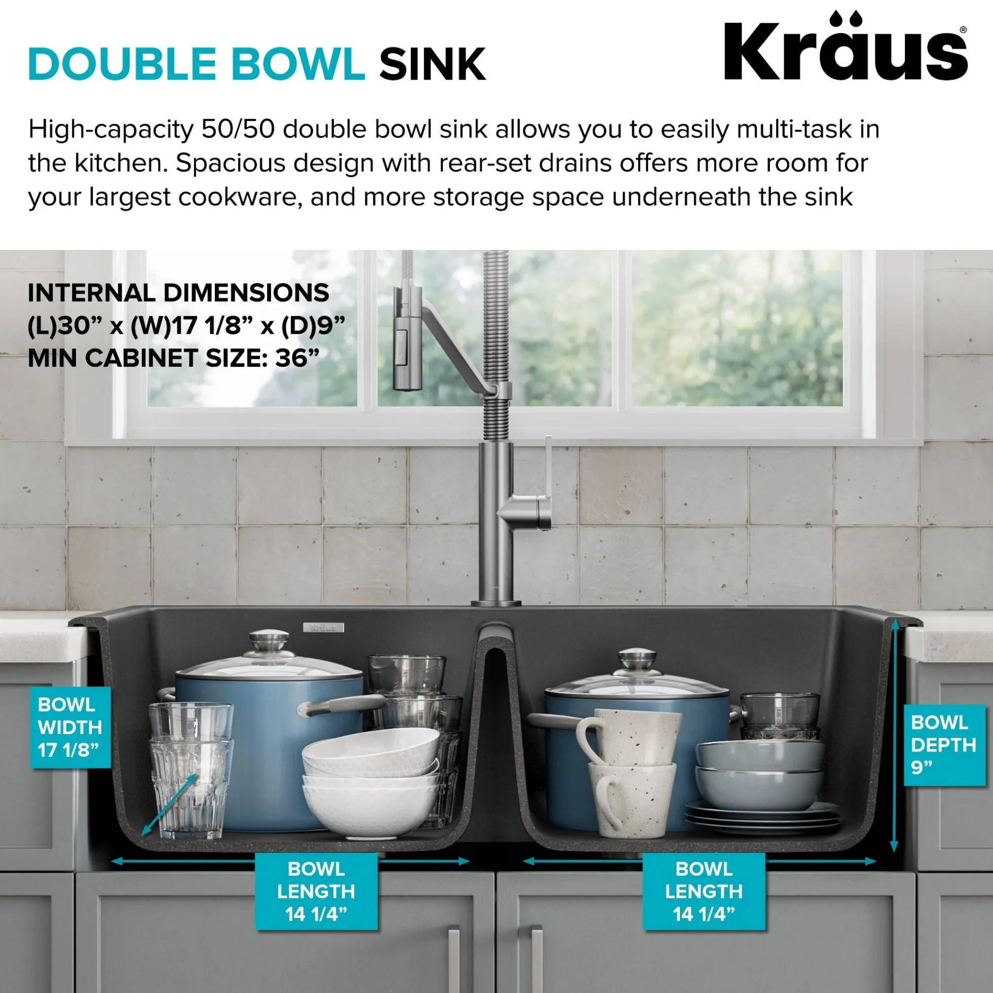 33” Drop In / Undermount 50/50 Double Bowl Granite Kitchen Sink in Black