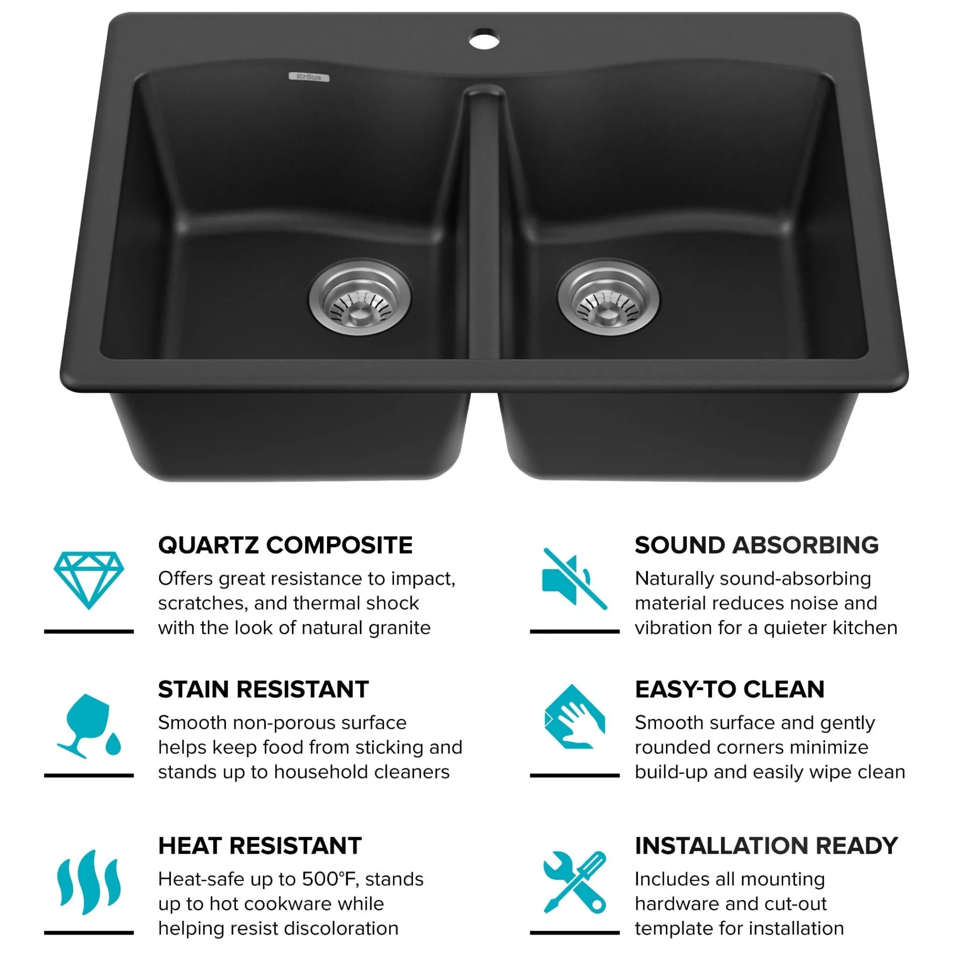33” Drop In / Undermount 50/50 Double Bowl Granite Kitchen Sink in Black