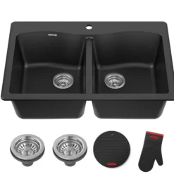 33” Drop In / Undermount 50/50 Double Bowl Granite Kitchen Sink in Black