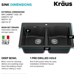 33” Drop In / Undermount 50/50 Double Bowl Granite Kitchen Sink in Black