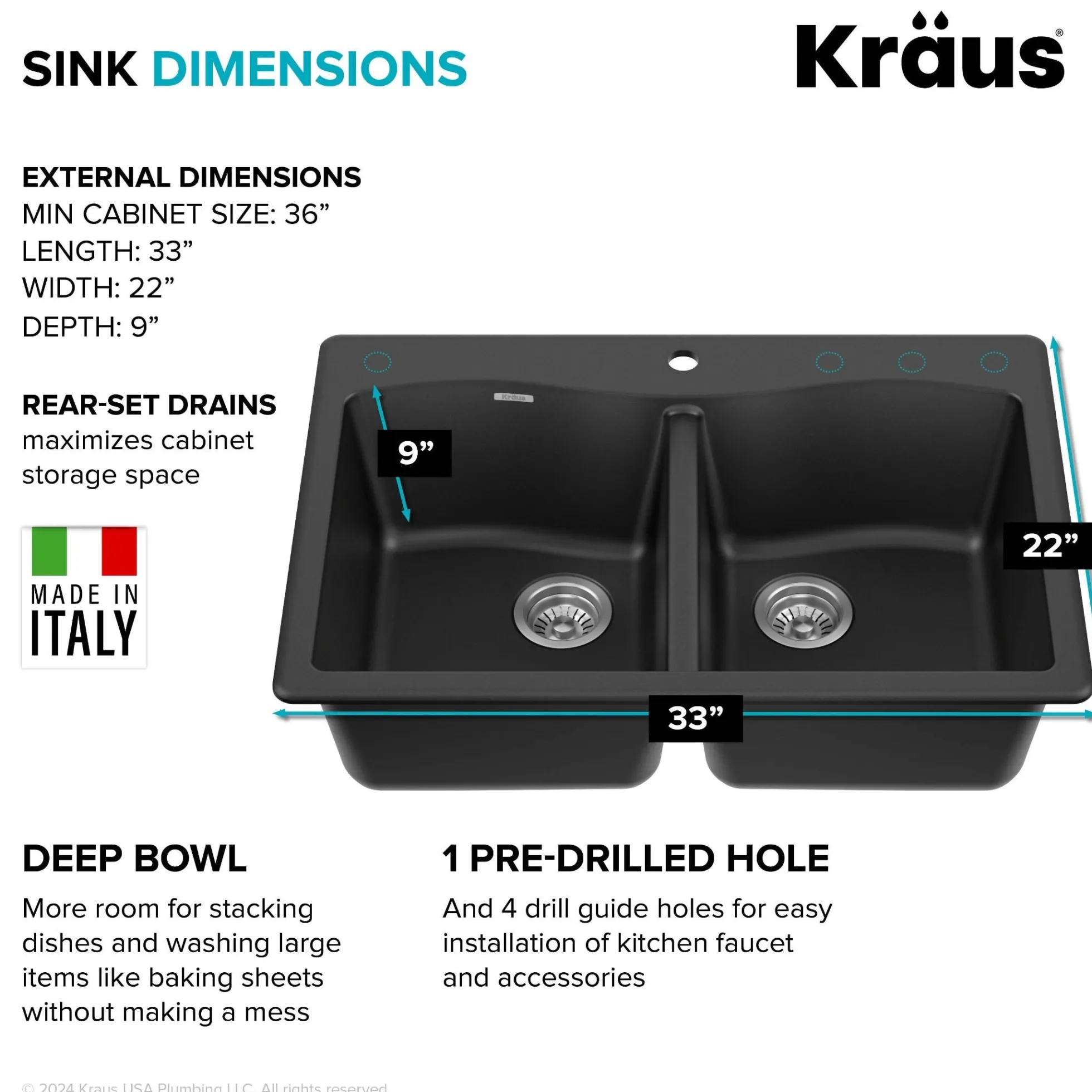 33” Drop In / Undermount 50/50 Double Bowl Granite Kitchen Sink in Black