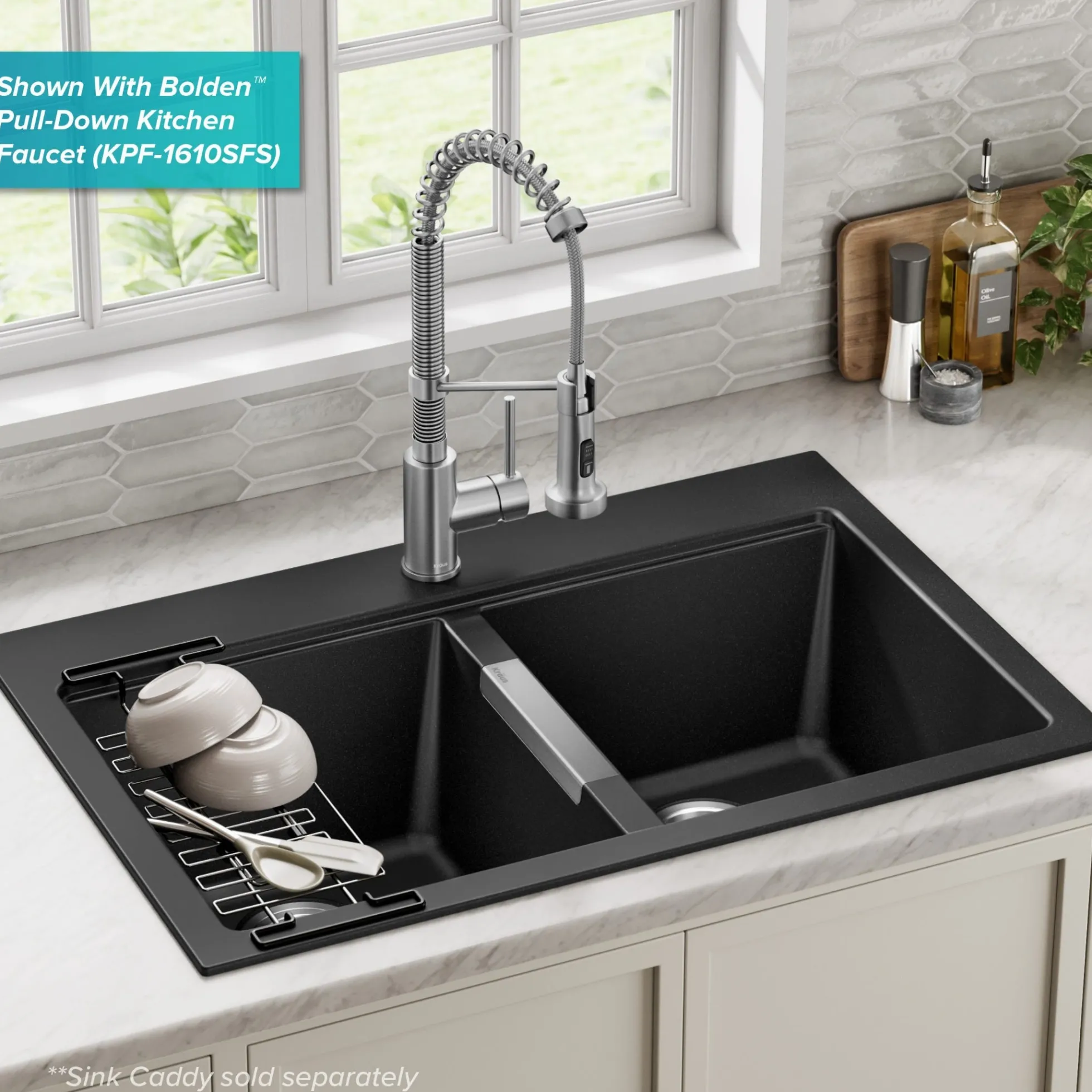 33” Drop-In / Undermount 50/50 Double Bowl Granite Kitchen Sink in Black Onyx