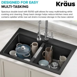33” Drop-In / Undermount 50/50 Double Bowl Granite Kitchen Sink in Black Onyx