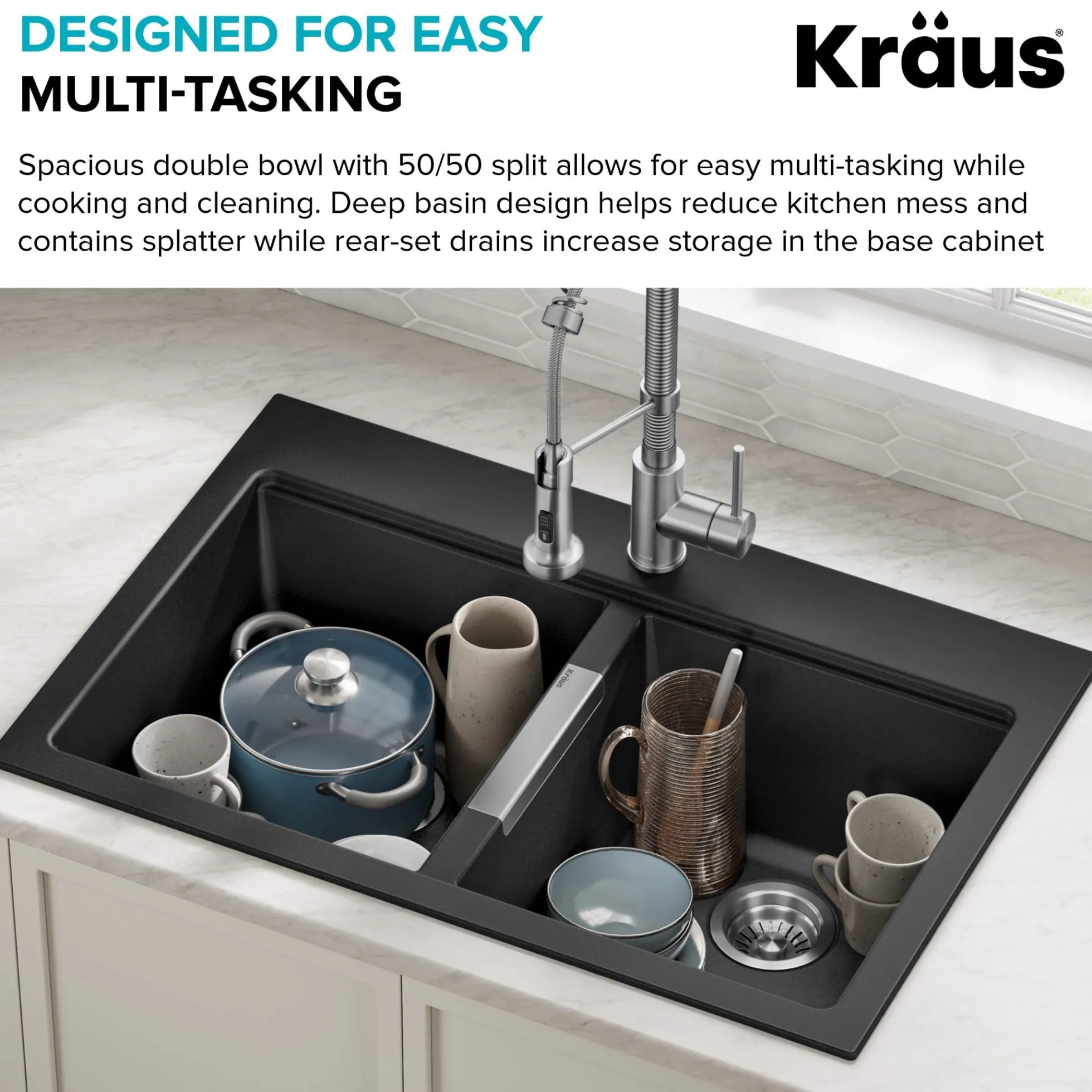 33” Drop-In / Undermount 50/50 Double Bowl Granite Kitchen Sink in Black Onyx