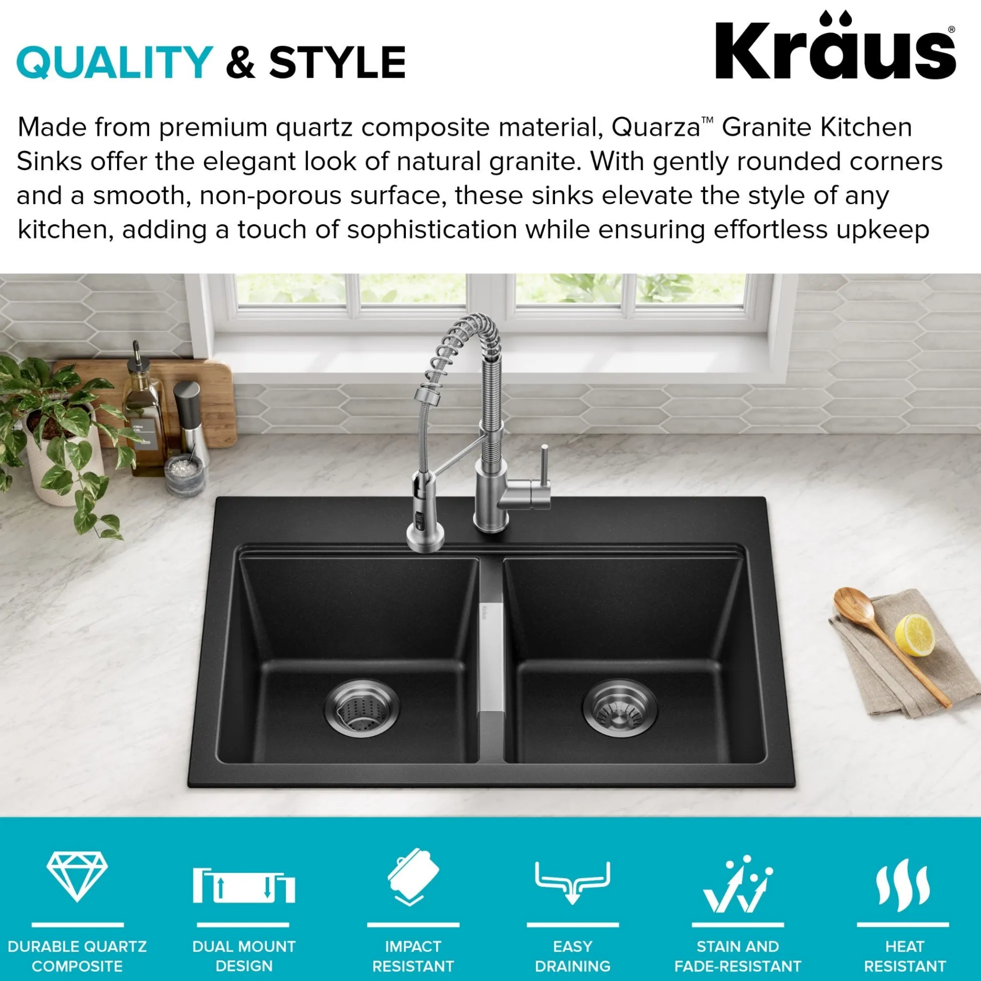 33” Drop-In / Undermount 50/50 Double Bowl Granite Kitchen Sink in Black Onyx