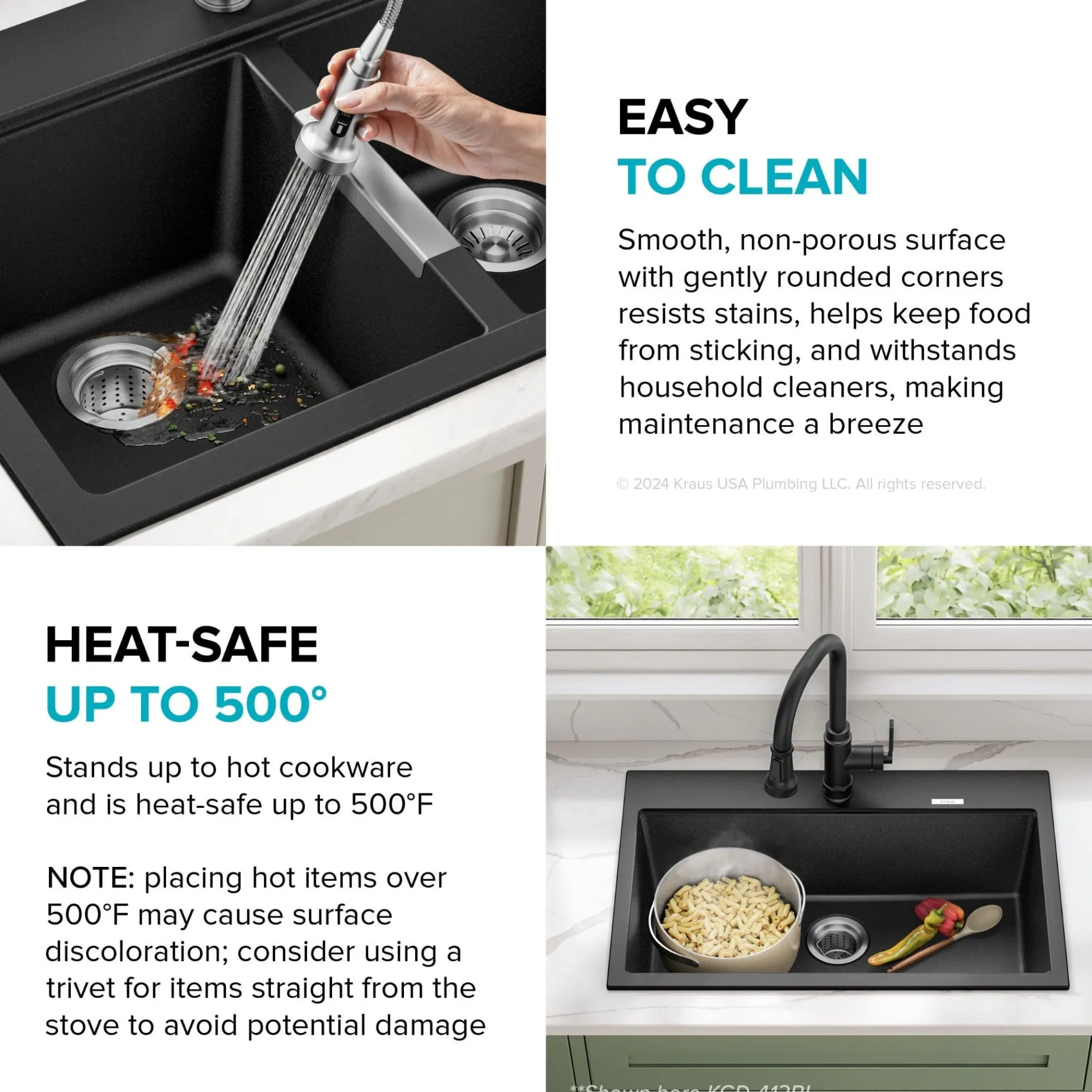 33” Drop-In / Undermount 50/50 Double Bowl Granite Kitchen Sink in Black Onyx