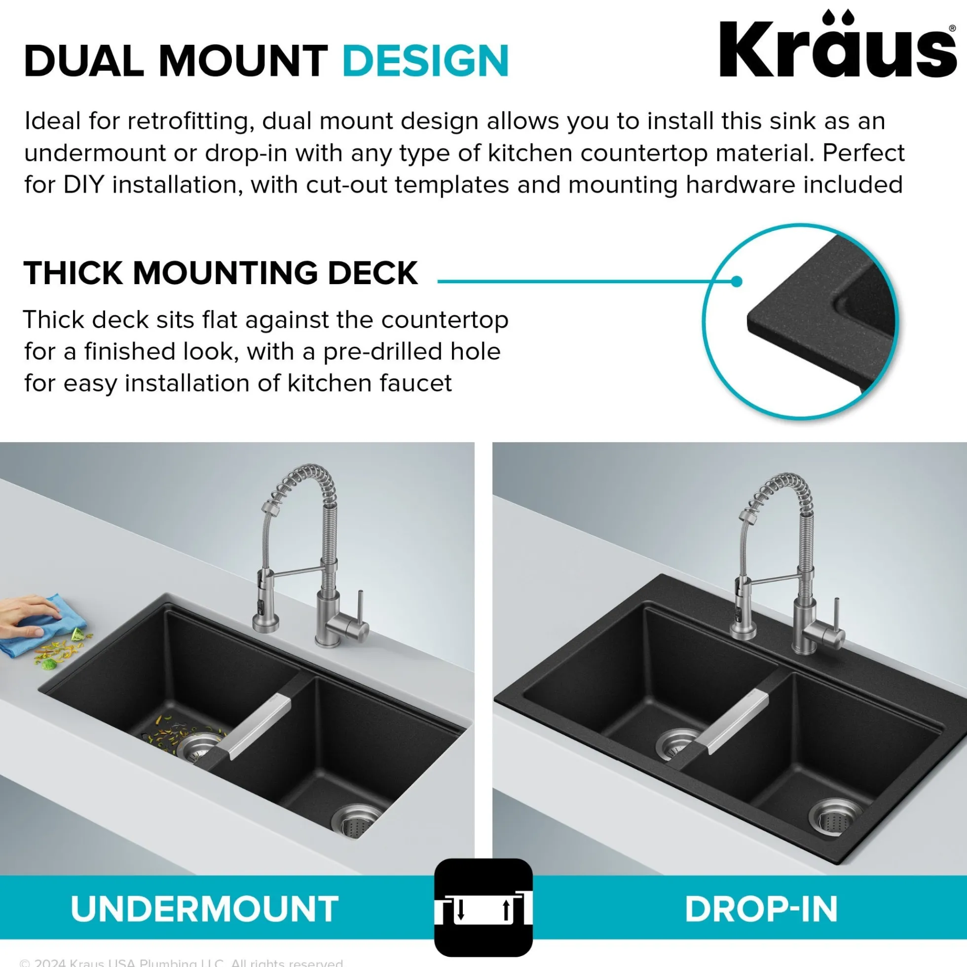 33” Drop-In / Undermount 50/50 Double Bowl Granite Kitchen Sink in Black Onyx