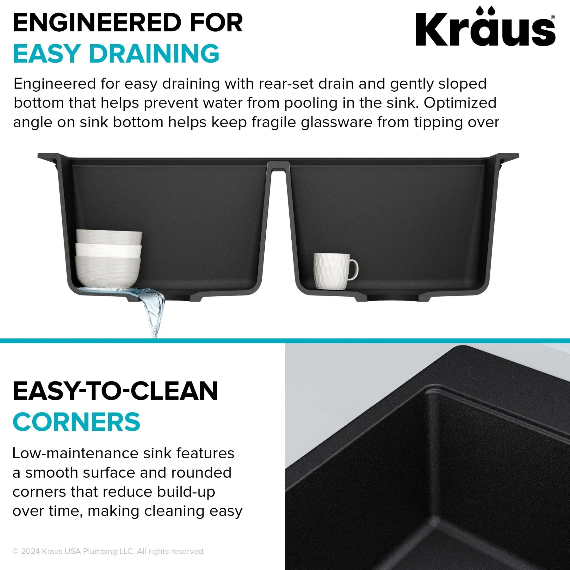 33” Drop-In / Undermount 50/50 Double Bowl Granite Kitchen Sink in Black Onyx
