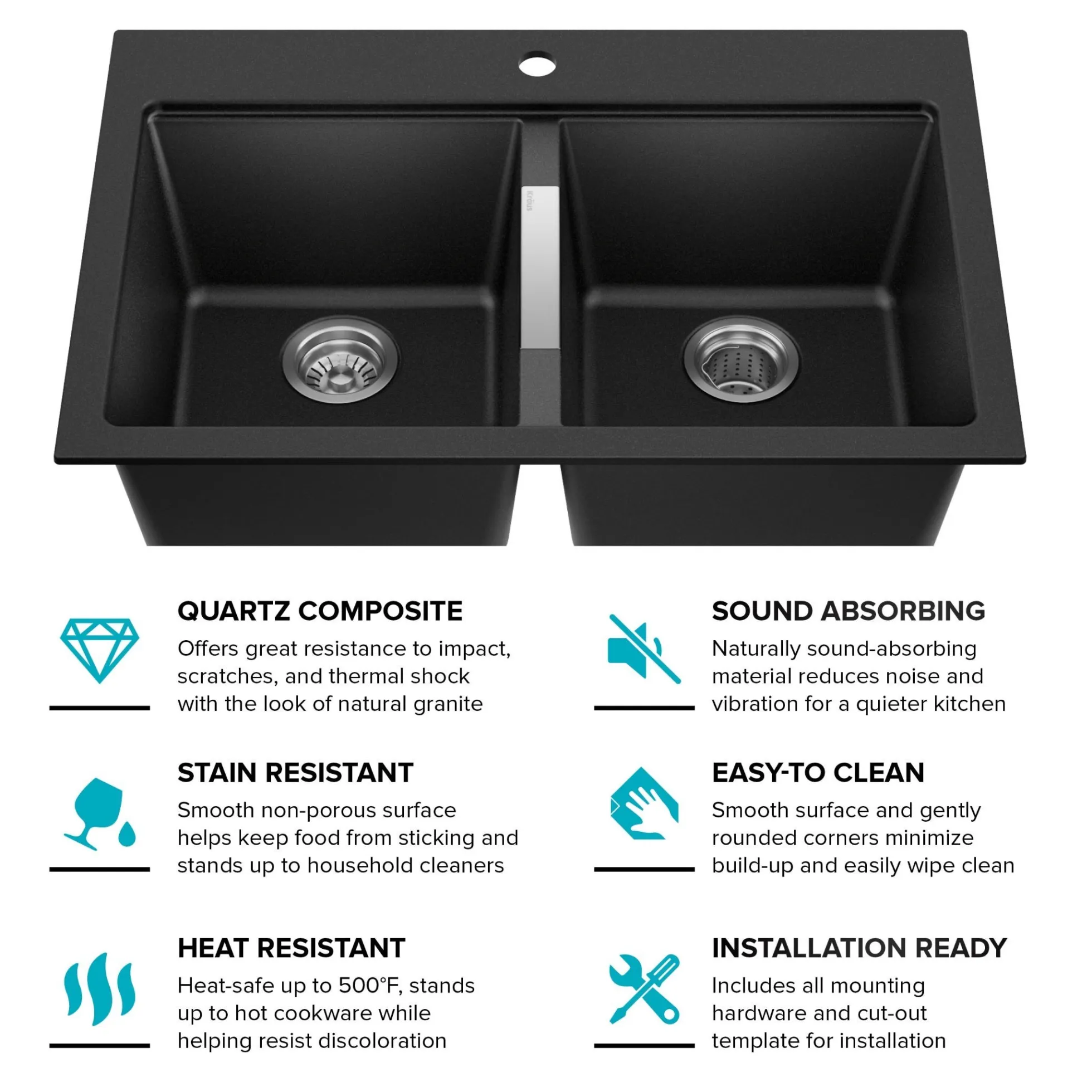 33” Drop-In / Undermount 50/50 Double Bowl Granite Kitchen Sink in Black Onyx