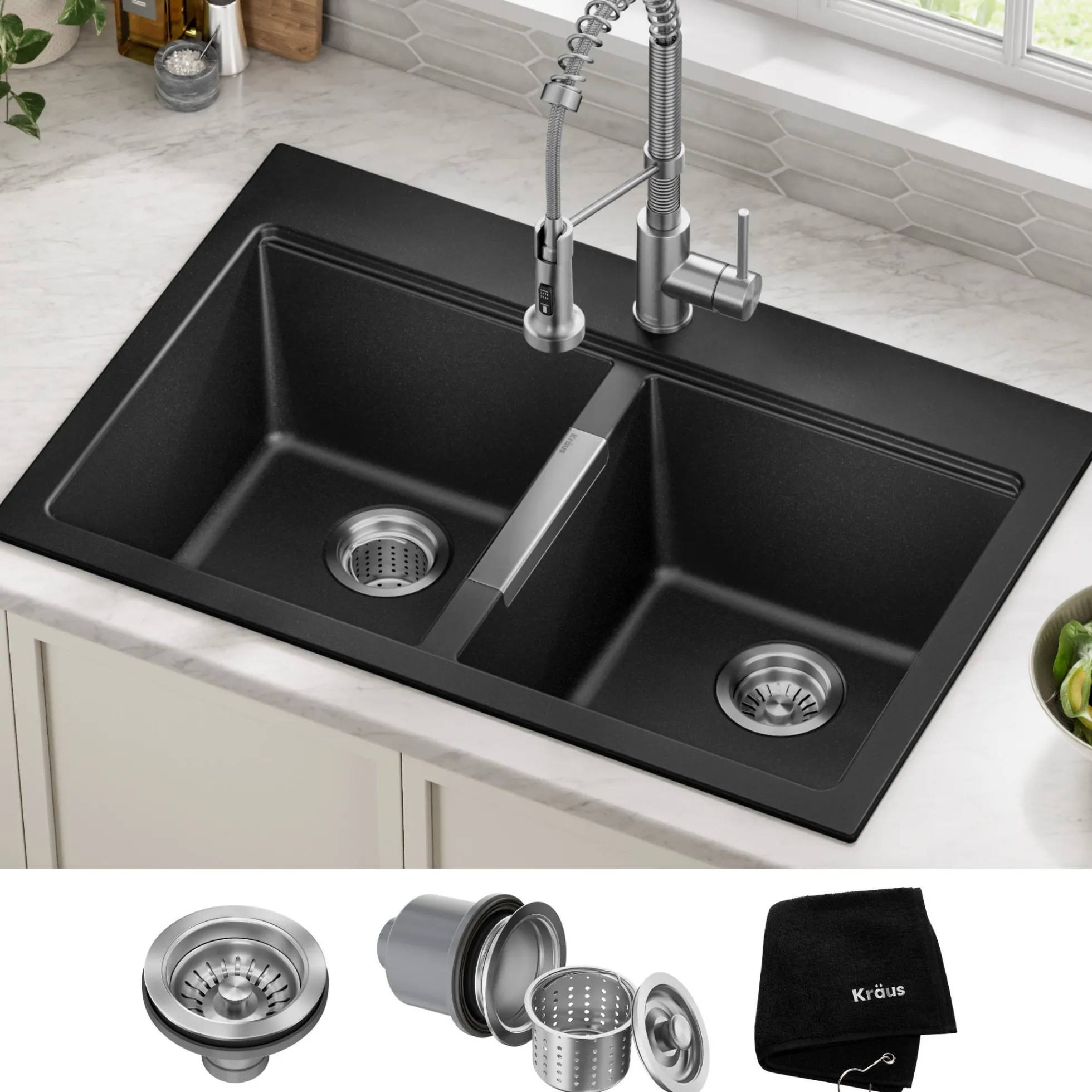 33” Drop-In / Undermount 50/50 Double Bowl Granite Kitchen Sink in Black Onyx