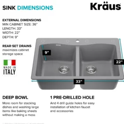 33” Drop In / Undermount 50/50 Double Bowl Granite Kitchen Sink in Grey