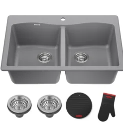 33” Drop In / Undermount 50/50 Double Bowl Granite Kitchen Sink in Grey