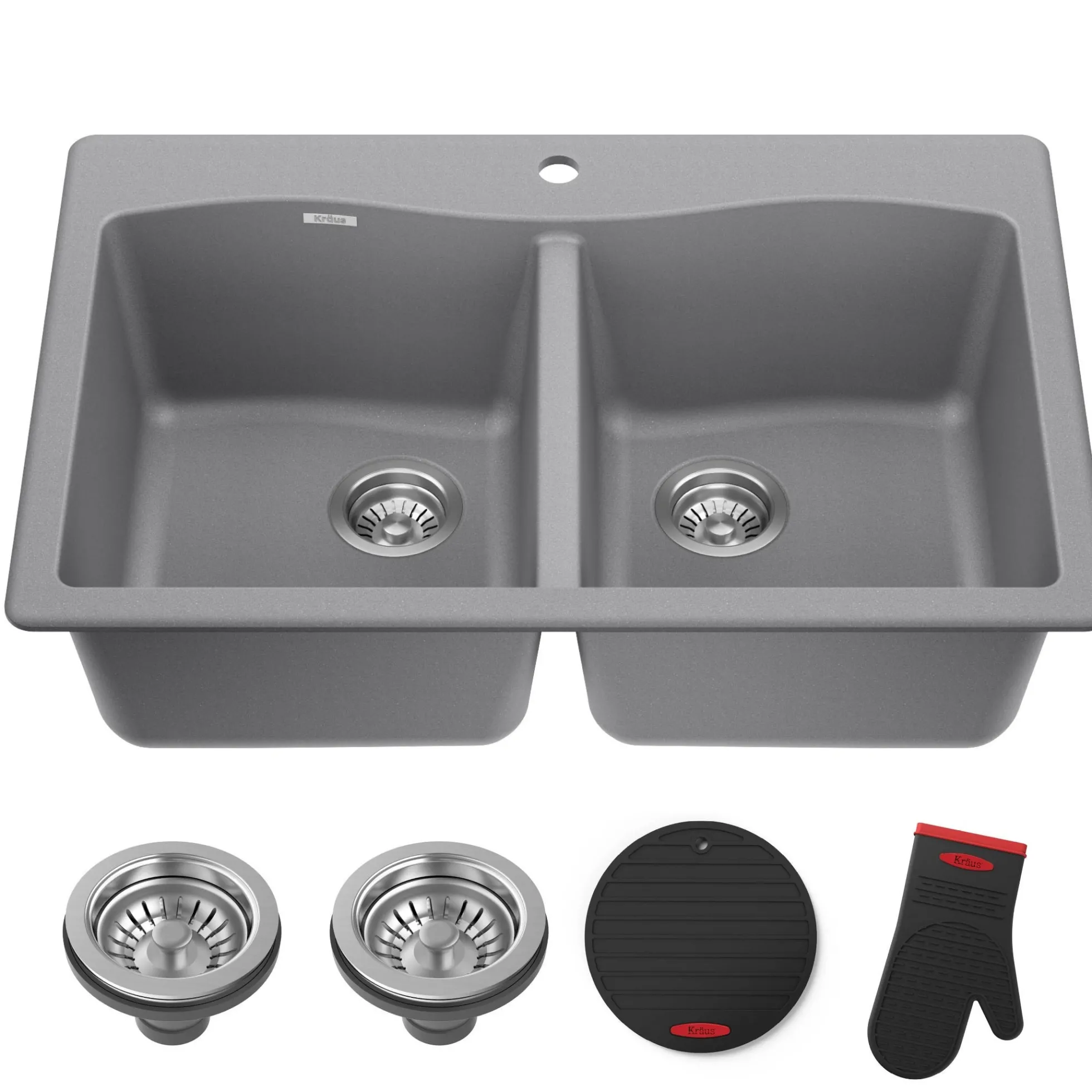 33” Drop In / Undermount 50/50 Double Bowl Granite Kitchen Sink in Grey