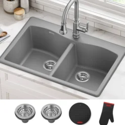 33” Drop In / Undermount 50/50 Double Bowl Granite Kitchen Sink in Grey