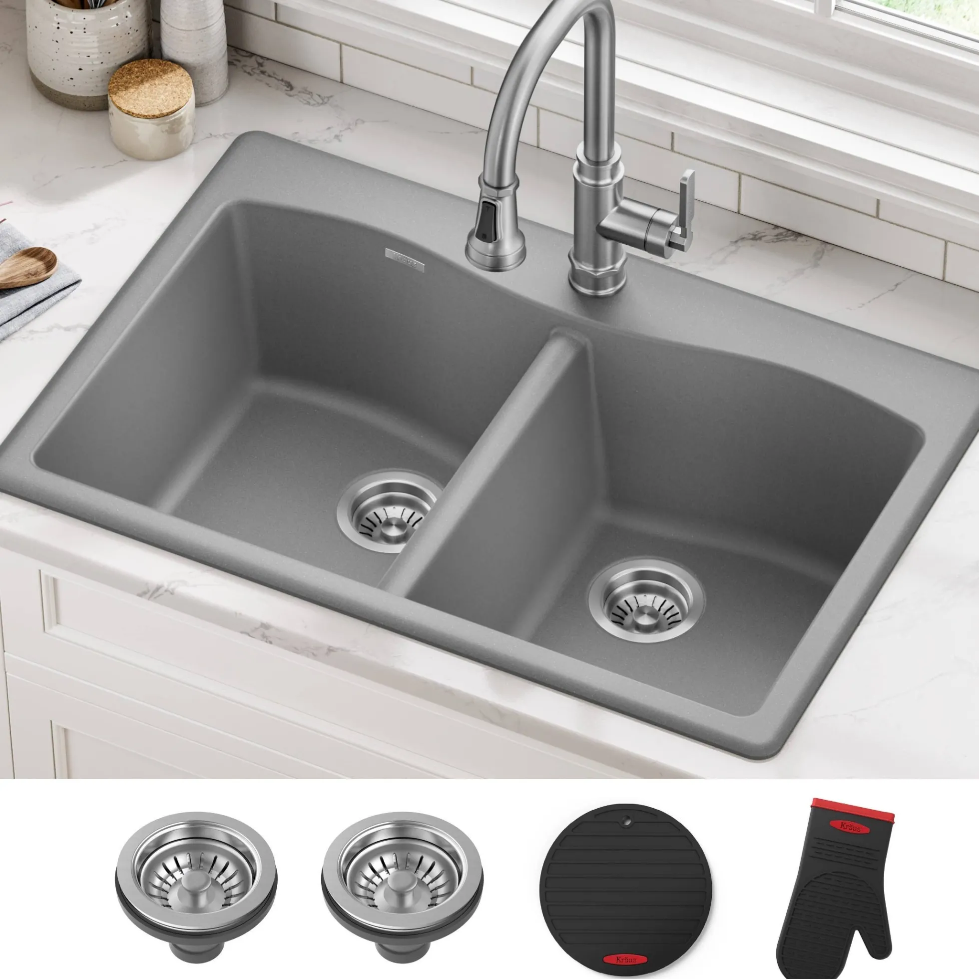 33” Drop In / Undermount 50/50 Double Bowl Granite Kitchen Sink in Grey