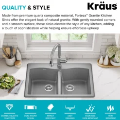 33” Drop In / Undermount 50/50 Double Bowl Granite Kitchen Sink in Grey