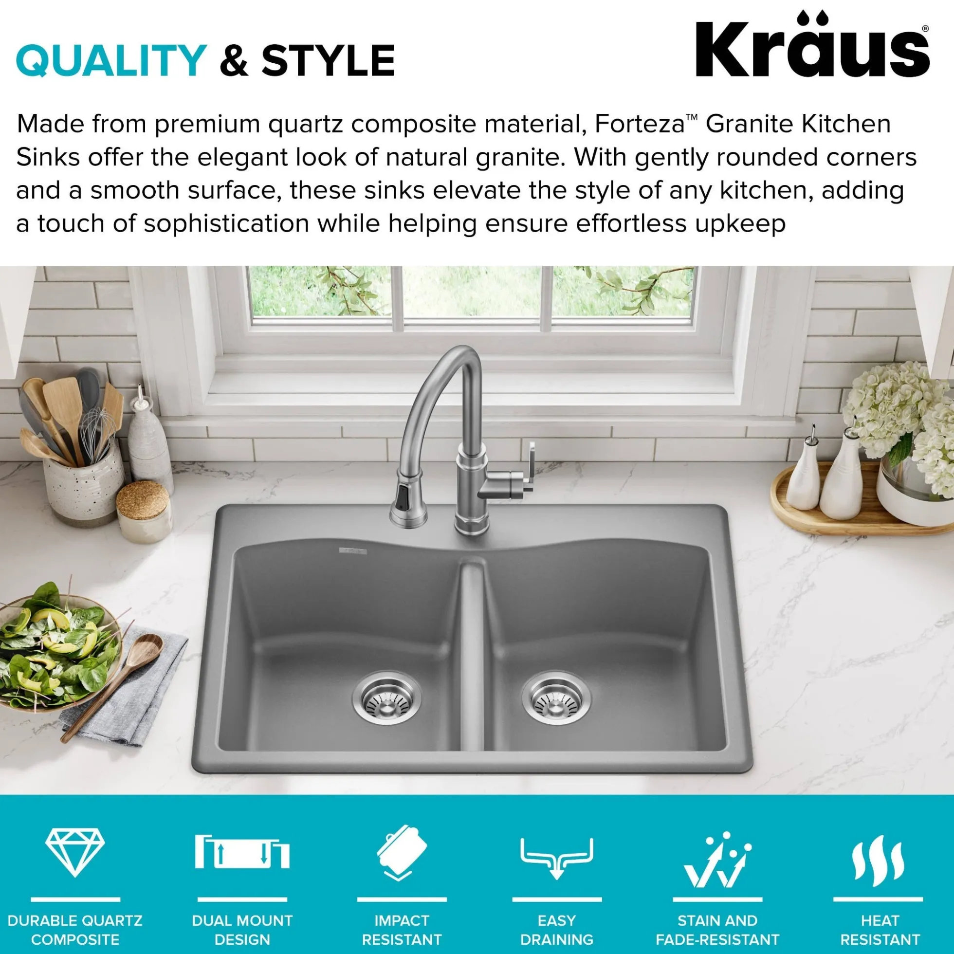 33” Drop In / Undermount 50/50 Double Bowl Granite Kitchen Sink in Grey
