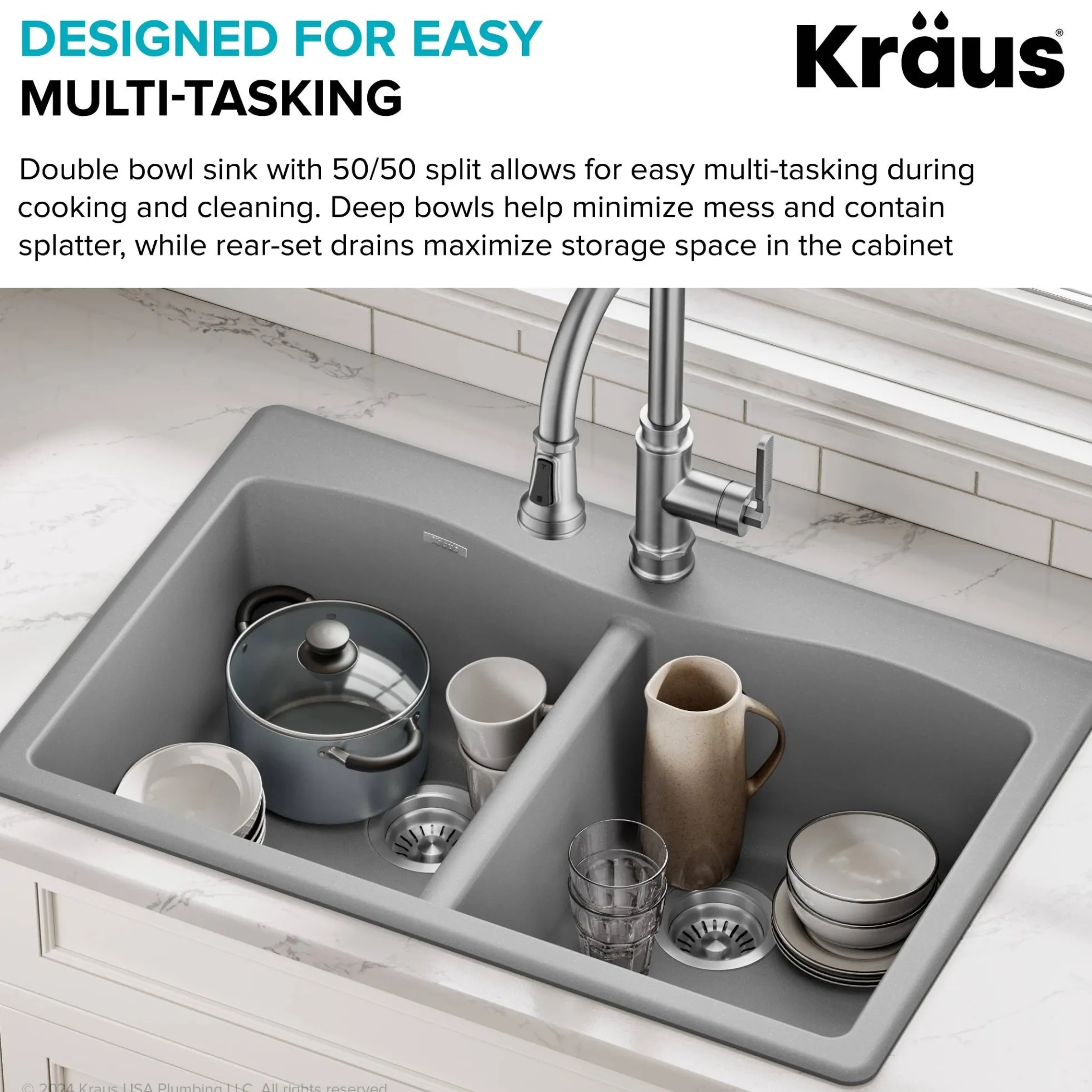 33” Drop In / Undermount 50/50 Double Bowl Granite Kitchen Sink in Grey