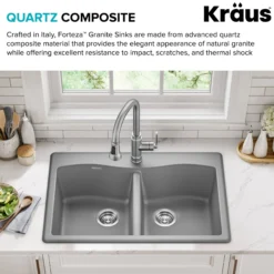 33” Drop In / Undermount 50/50 Double Bowl Granite Kitchen Sink in Grey