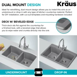 33” Drop In / Undermount 50/50 Double Bowl Granite Kitchen Sink in Grey