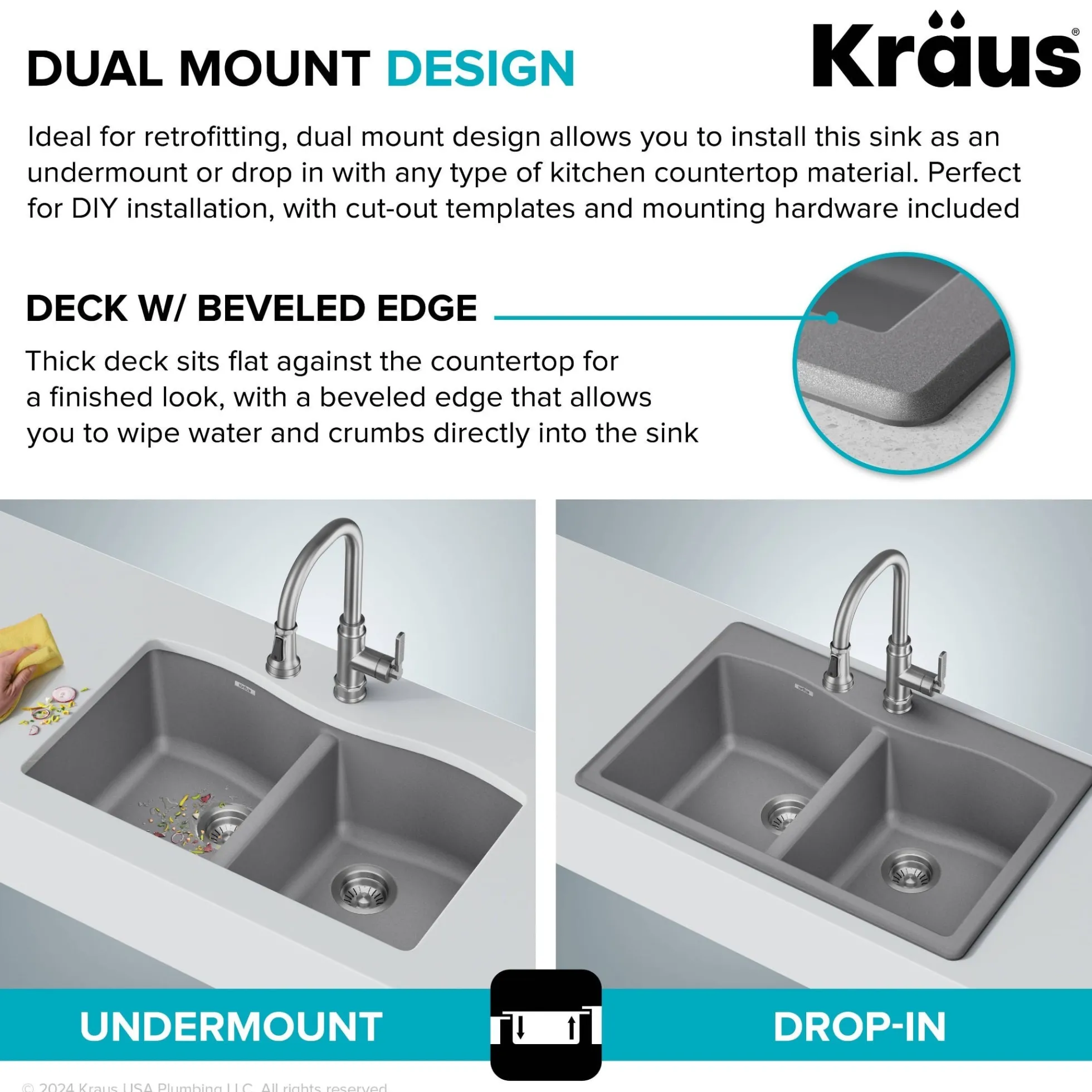 33” Drop In / Undermount 50/50 Double Bowl Granite Kitchen Sink in Grey