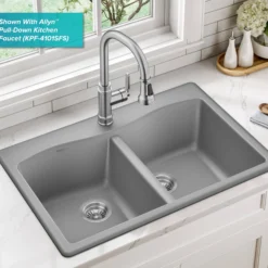 33” Drop In / Undermount 50/50 Double Bowl Granite Kitchen Sink in Grey