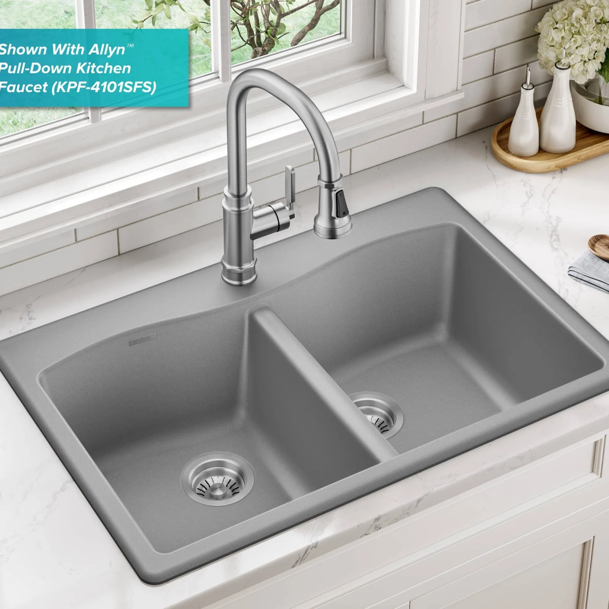 33” Drop In / Undermount 50/50 Double Bowl Granite Kitchen Sink in Grey