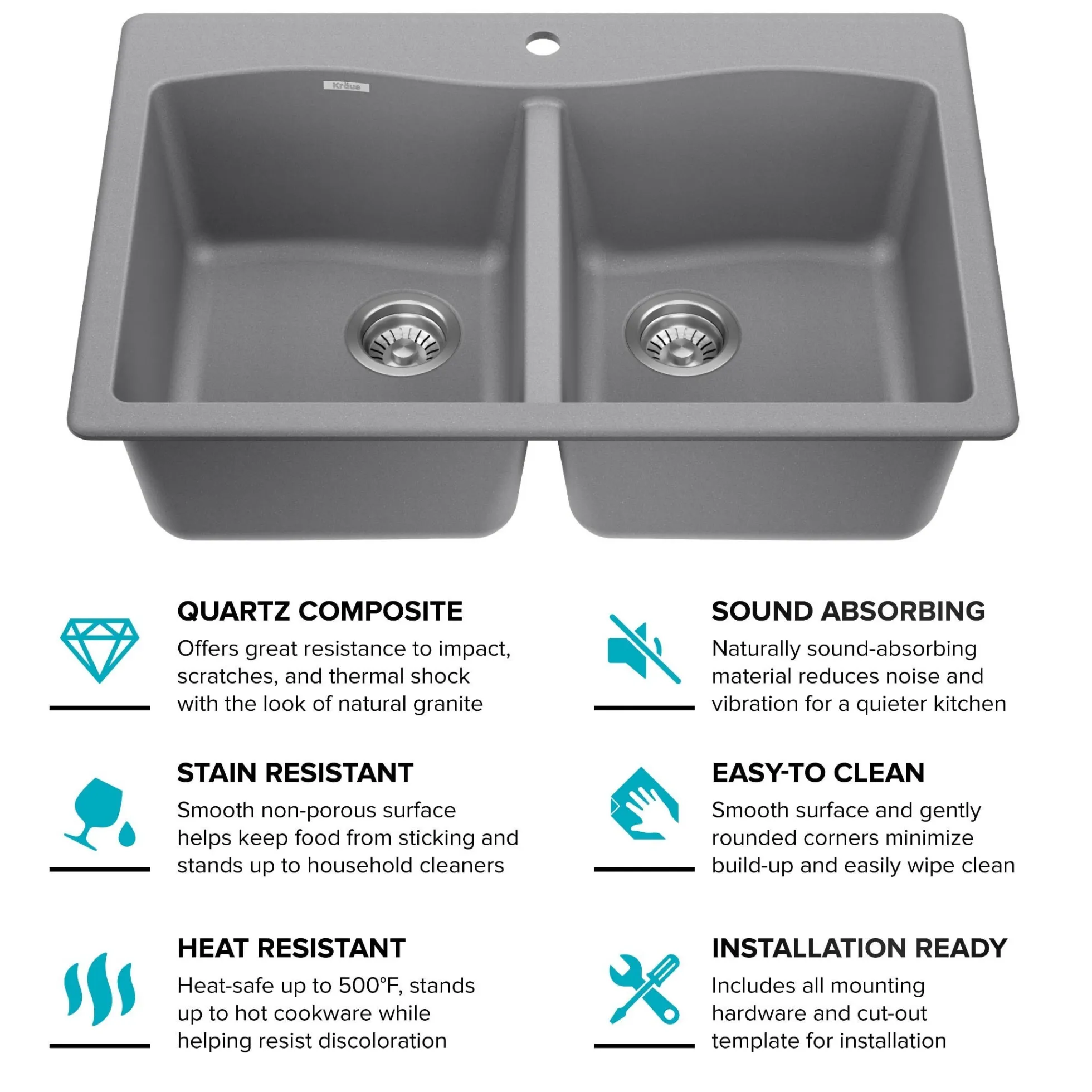 33” Drop In / Undermount 50/50 Double Bowl Granite Kitchen Sink in Grey