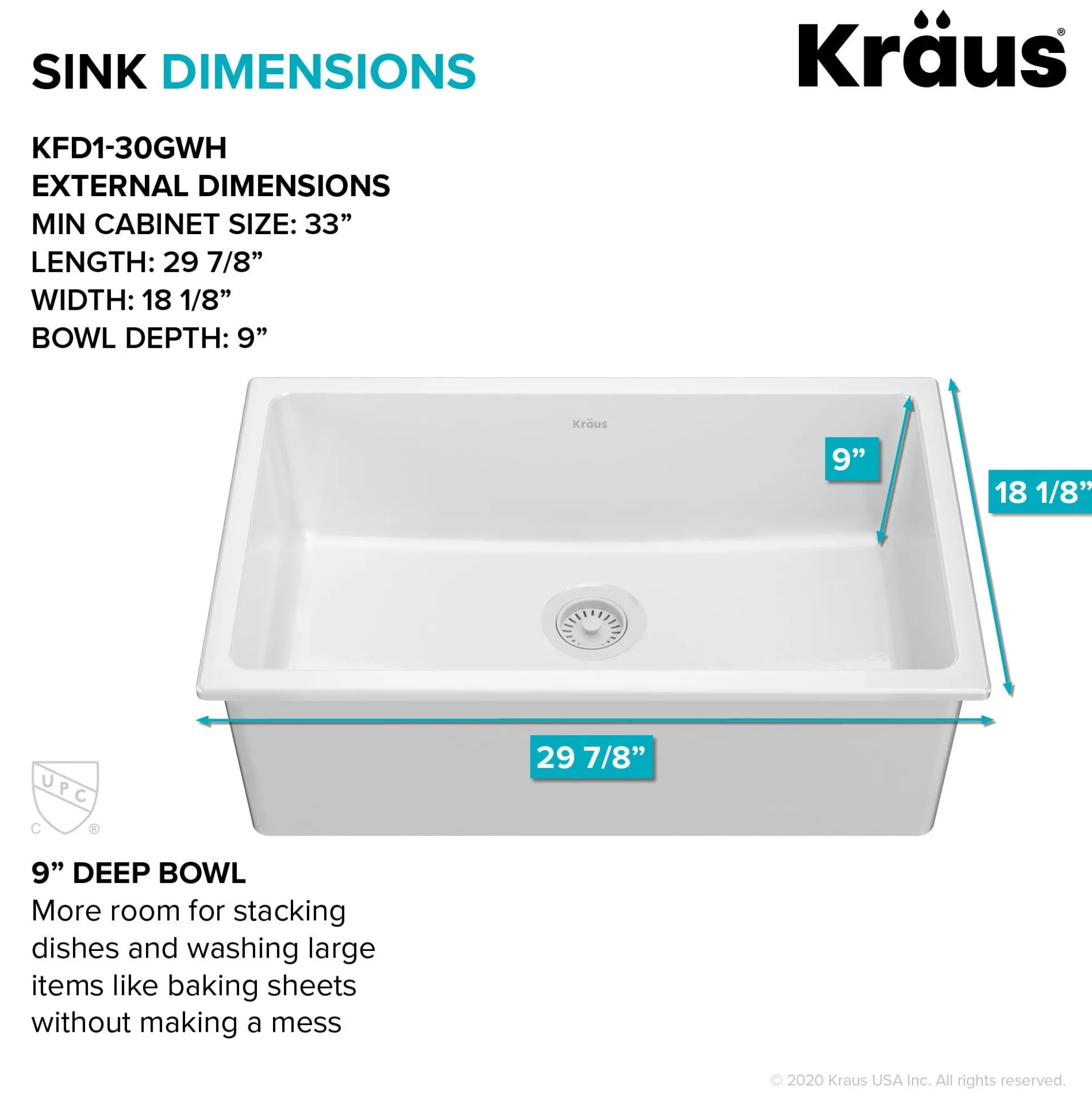 30" Drop-In / Undermount Fireclay Single Bowl Kitchen Sink with Thick Mounting Deck in Gloss White
