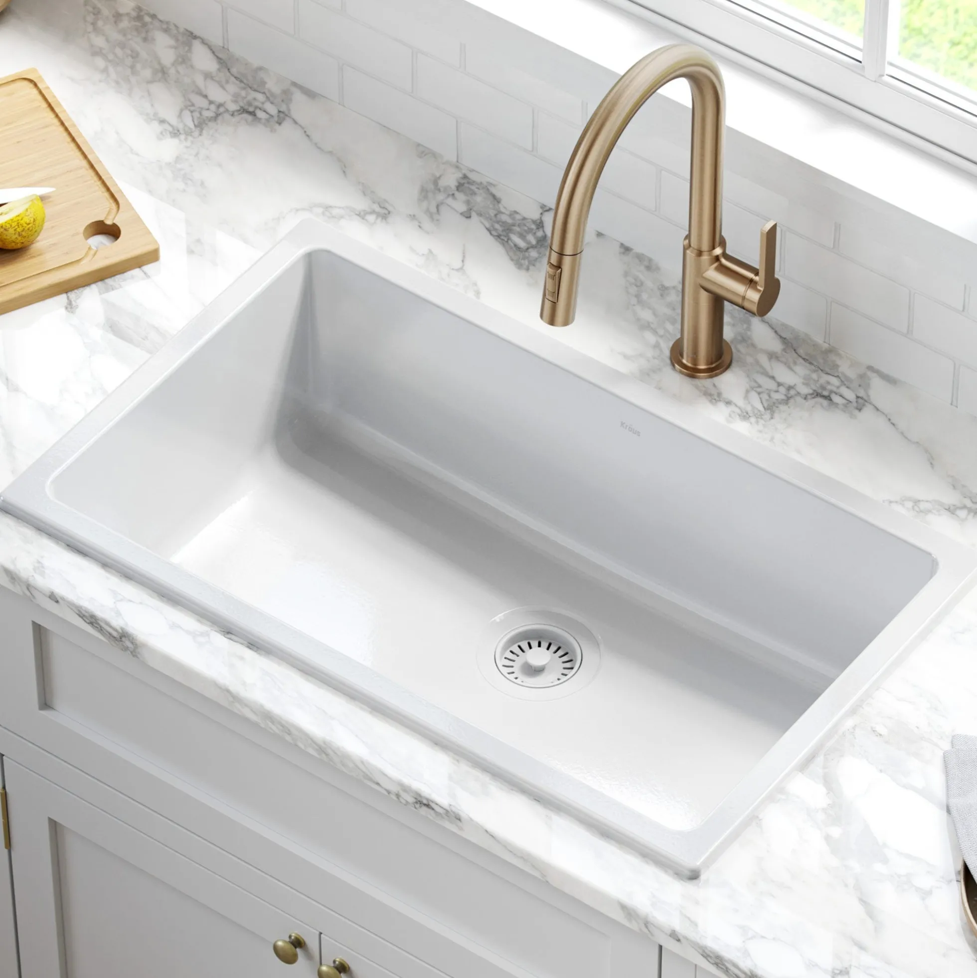 30" Drop-In / Undermount Fireclay Single Bowl Kitchen Sink with Thick Mounting Deck in Gloss White