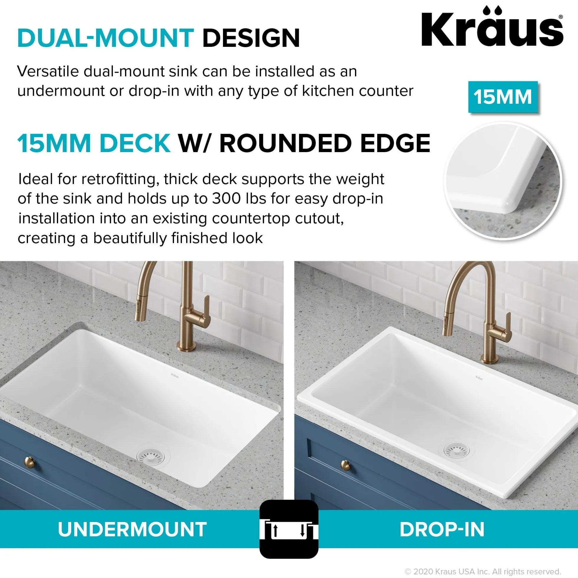 30" Drop-In / Undermount Fireclay Single Bowl Kitchen Sink with Thick Mounting Deck in Gloss White