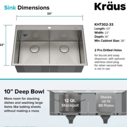 33" Drop In / Undermount 16 Gauge Double Bowl 2-Hole Stainless Steel Kitchen Sink