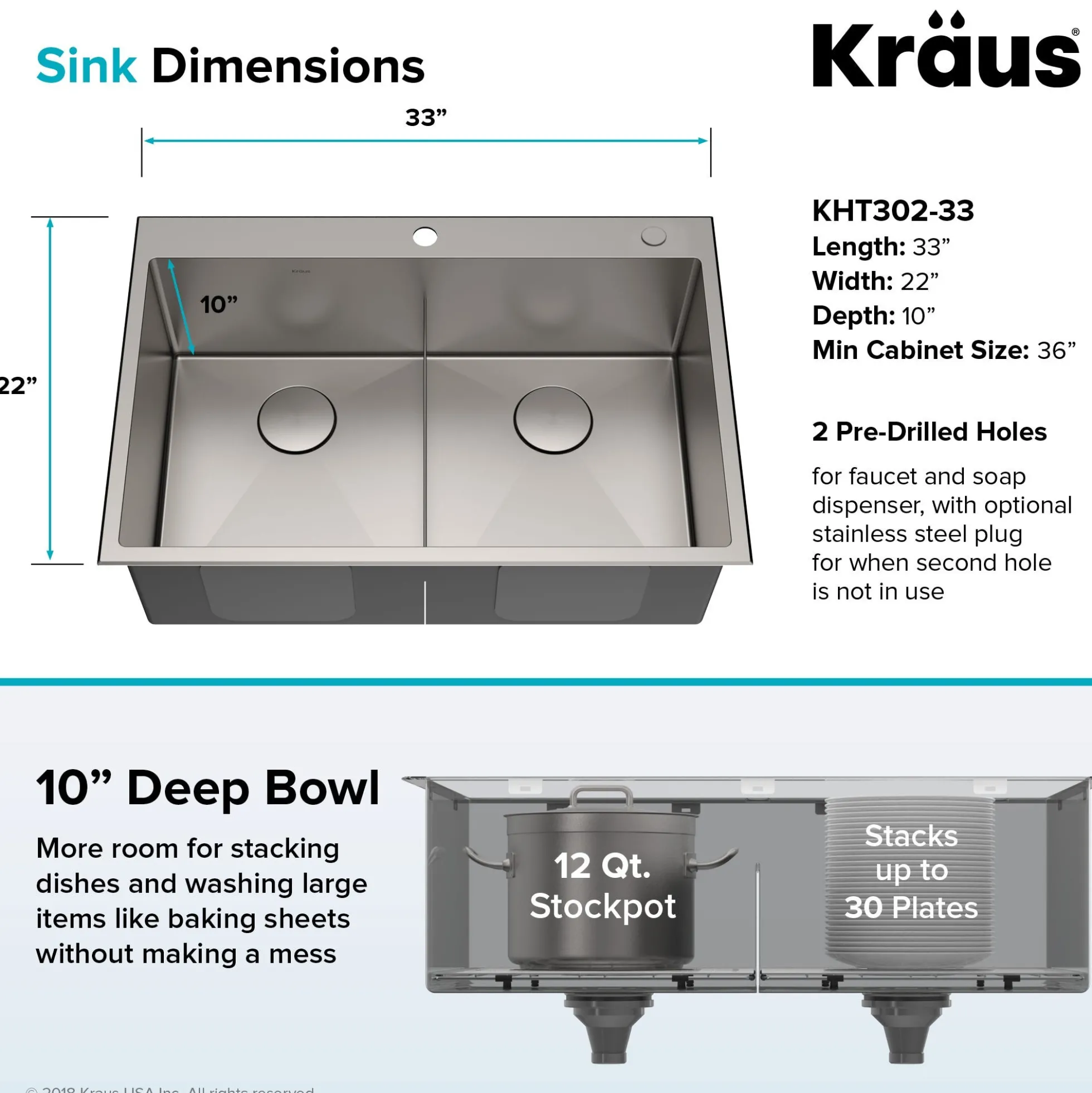 33" Drop In / Undermount 16 Gauge Double Bowl 2-Hole Stainless Steel Kitchen Sink