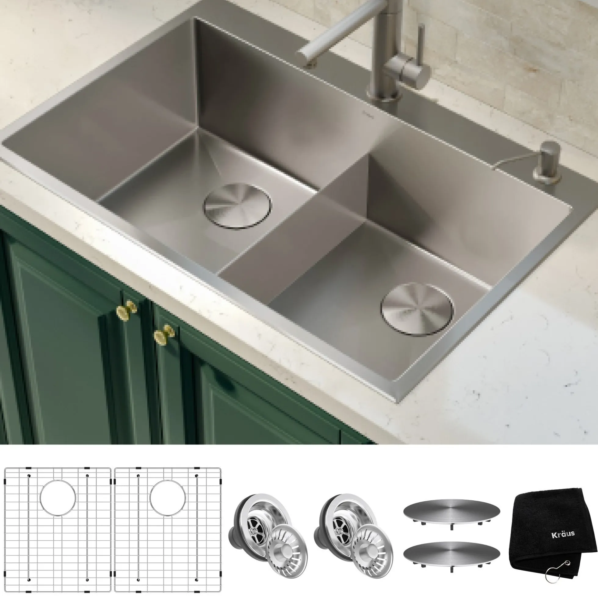 33" Drop In / Undermount 16 Gauge Double Bowl 2-Hole Stainless Steel Kitchen Sink