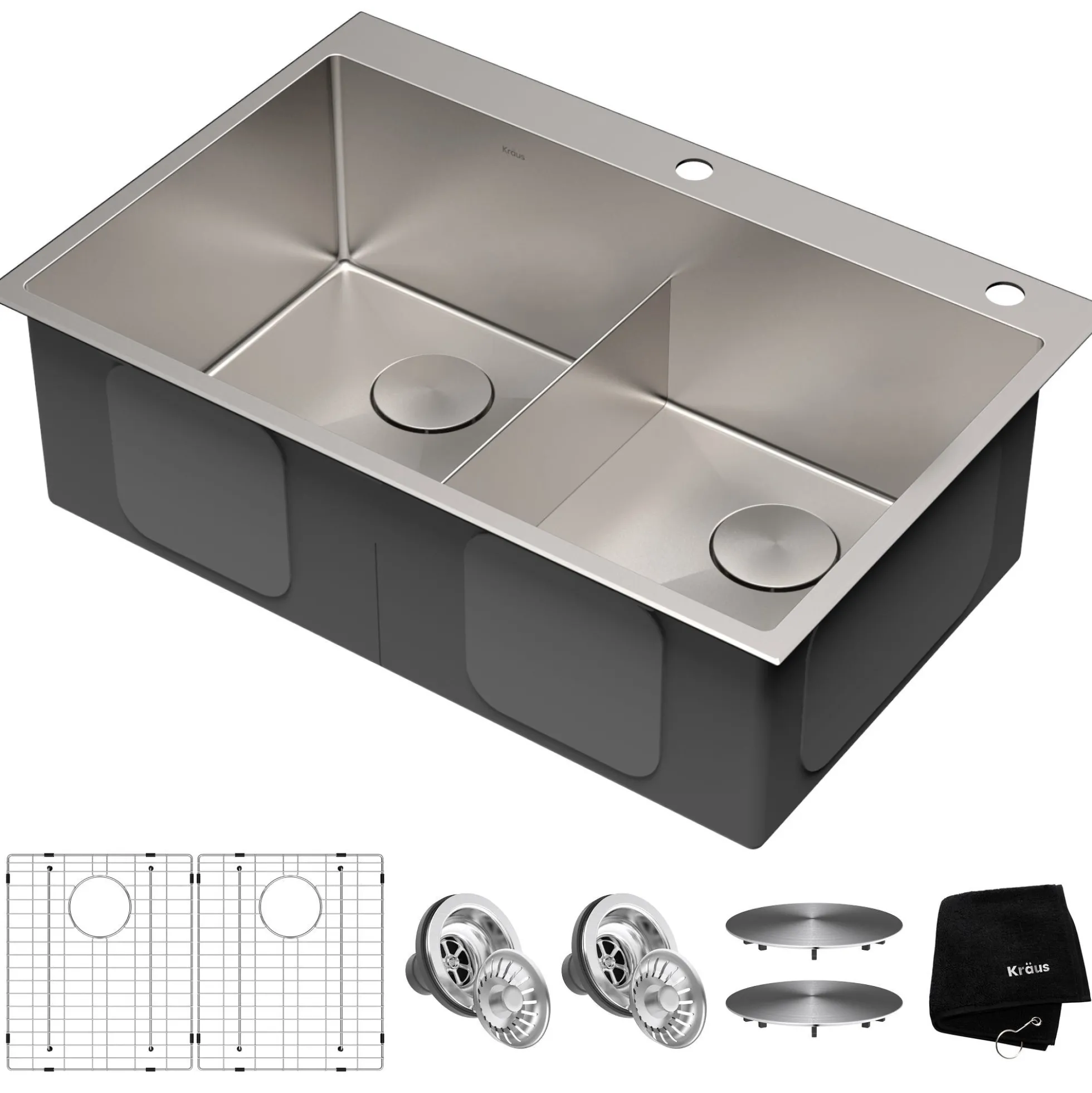 33" Drop In / Undermount 16 Gauge Double Bowl 2-Hole Stainless Steel Kitchen Sink