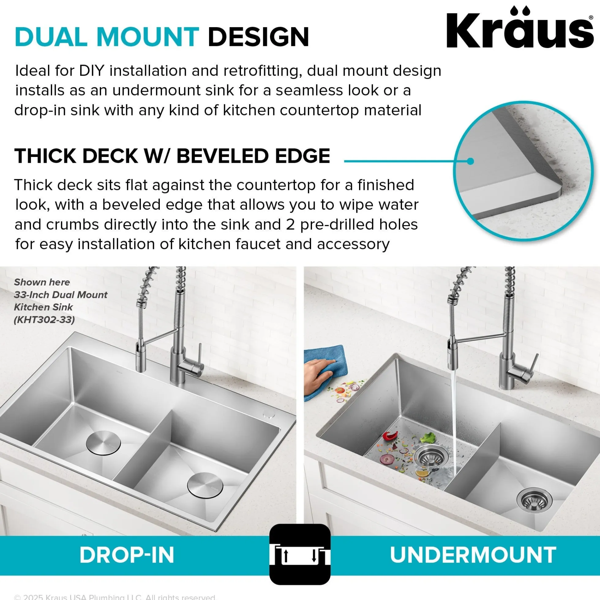 28” Drop In / Undermount 16 Gauge Single Bowl 2-Hole Stainless Steel Kitchen Sink