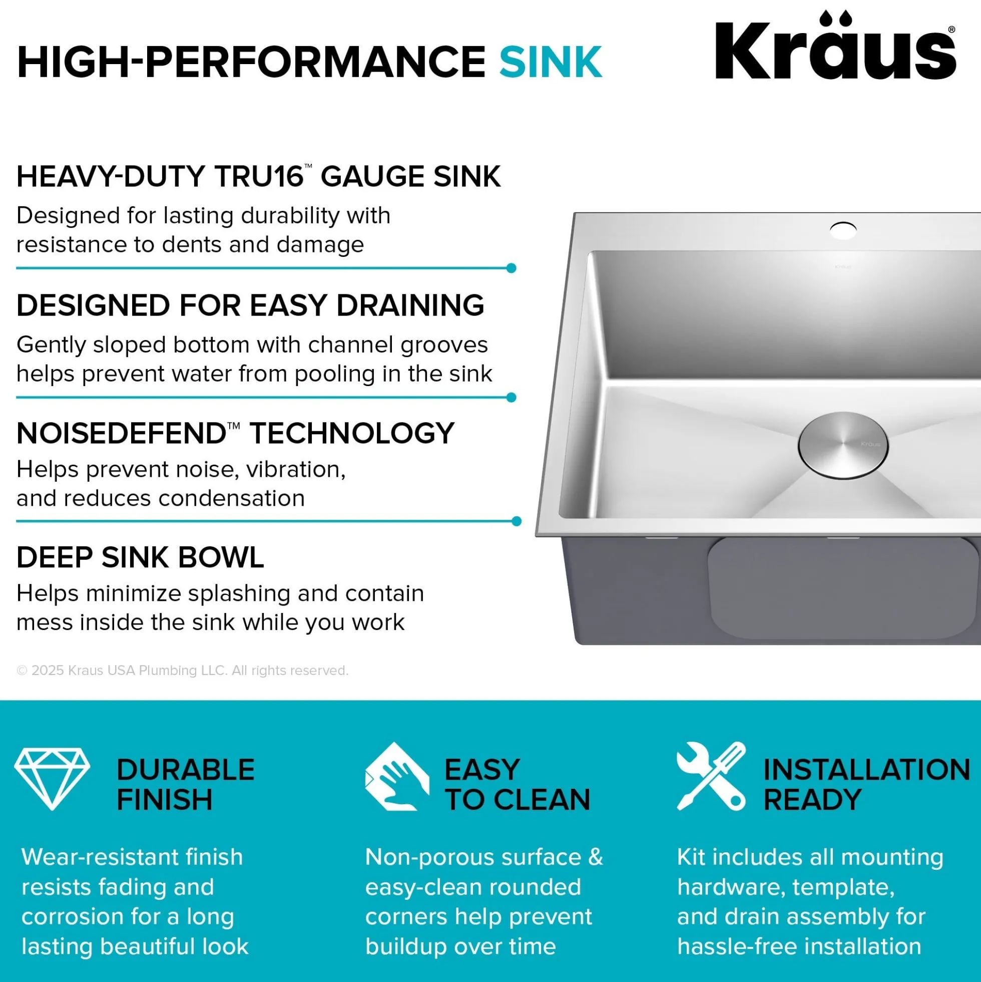 28” Drop In / Undermount 16 Gauge Single Bowl 2-Hole Stainless Steel Kitchen Sink