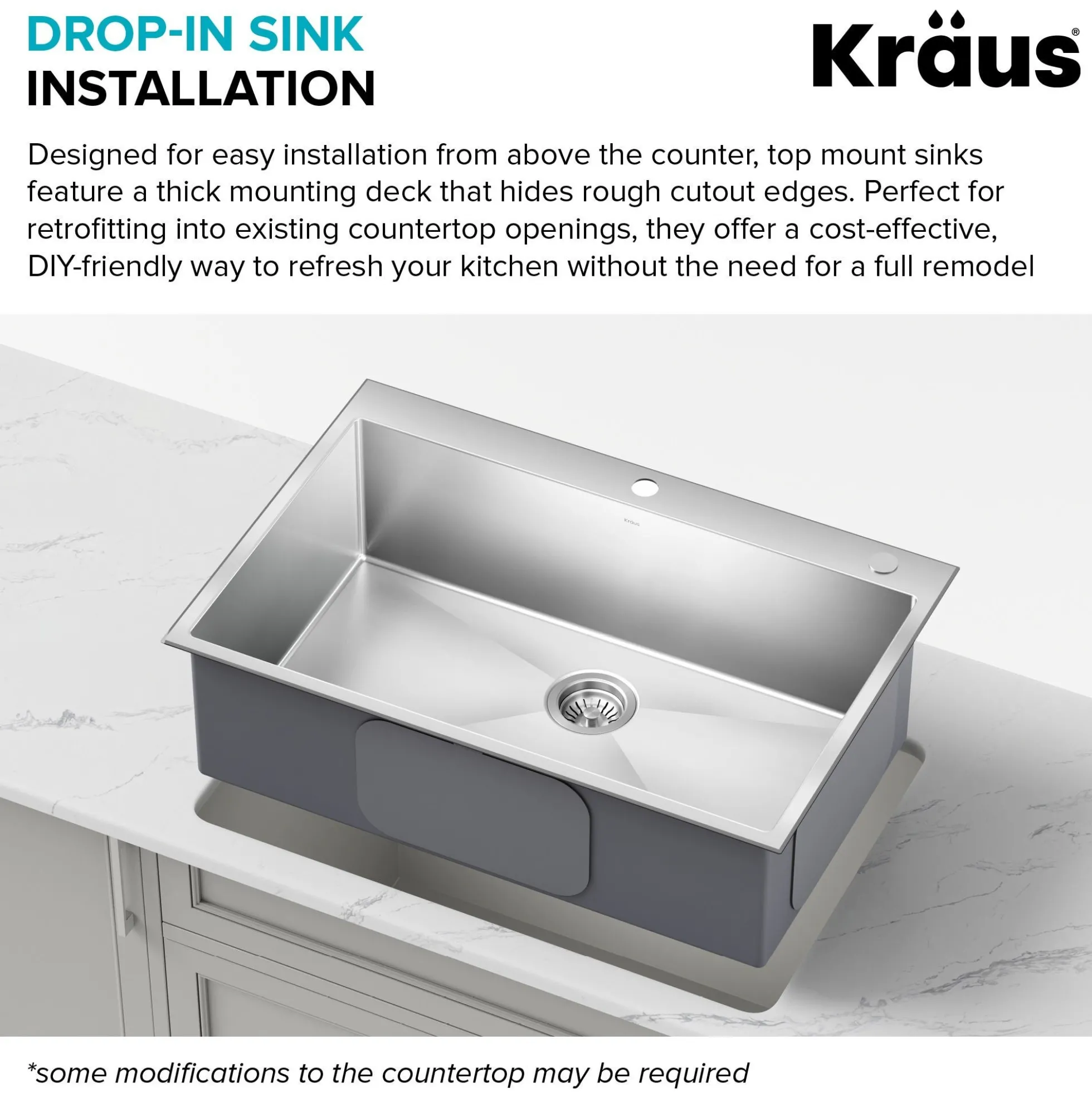 28” Drop In / Undermount 16 Gauge Single Bowl 2-Hole Stainless Steel Kitchen Sink